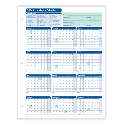 ComplyRight 2024 Attendance Calendar Card, White, Pack of 50 (A4000W50)