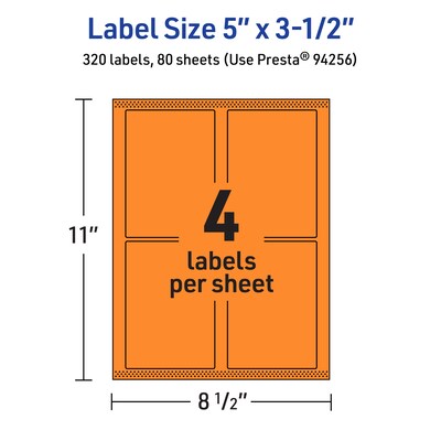 Avery Laser/Inkjet Multipurpose Rectangle Labels, 5" x 3.5", Bright Orange, 320/Box (94256)
