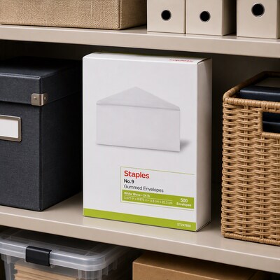 Staples #9 White Business Envelopes, V-Flap Gummed Closure, 8 7/8" x 3 7/8", 500/Pack