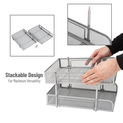 Mind Reader 2-Tier Stackable Paper Desk Tray Organizer, Metal Silver, 2/Pack (CSTACK2-SIL)