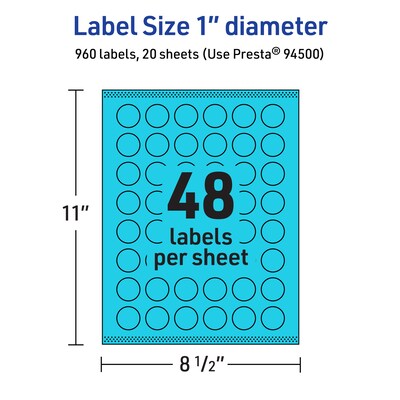Avery Laser/Inkjet Multipurpose Circle Labels, 1" Dia., Bright Blue, 960/Pack (94500)