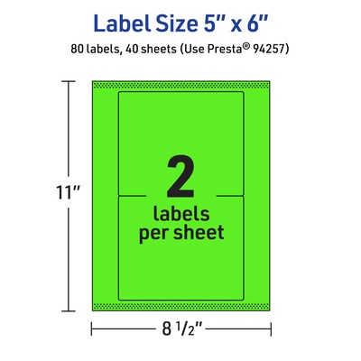 Avery Rectangle Multipurpose Labels, 5" x 6", Neon Green, 80/Pack (94257)