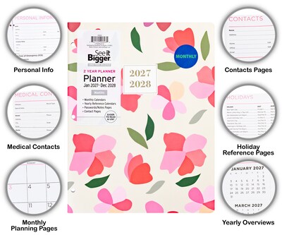 2027-2028 Overland Travelware 0.25" x 8.5" Calendar Year Monthly Standard Planner, Paperboard Cover, Pink Floral (90696)