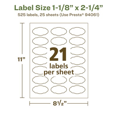 Avery EcoFriendly Laser/Inkjet Decorative Edge Multipurpose Labels, 1-1/8" x 2-1/4", White, 525/Pack (94061)