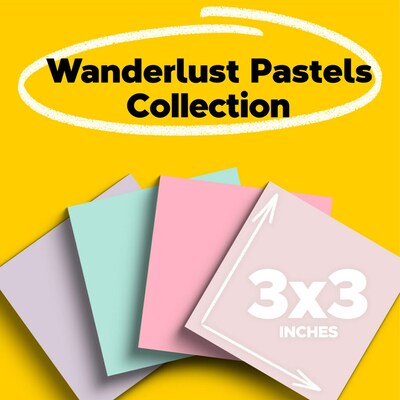 Post-it Recycled Super Sticky Notes, 3" x 3", Wanderlust Pastels Collection, 70 Sheets/Pad, 24 Pads/Pack (654R-24SSNRPCP)