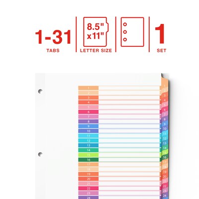 Staples Customizable Table of Contents Numeric Dividers, 1–31 Tabs, Multicolor