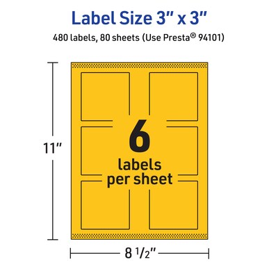 Avery Laser/Inkjet Square Multipurpose Labels, 3" x 3", Bright Yellow, 480/Box (94101)