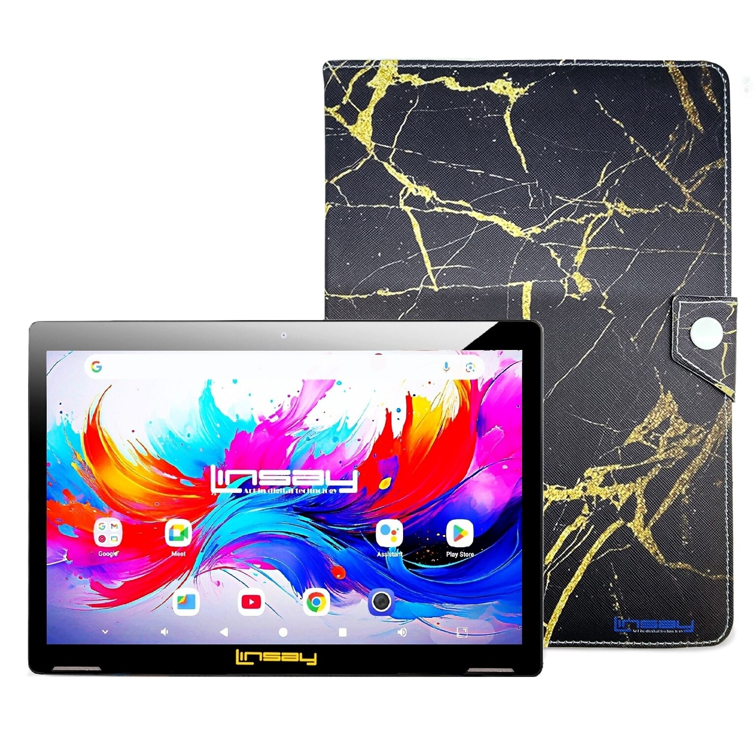 LINSAY F10 Series 10.1 Tablet, Wi-Fi, Octa Core, 256GB eMMC, Android 15, Black & Golden Marble Case (F10IPGCBLAPLUS)