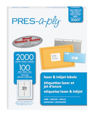 PRES-a-ply Laser/Inkjet Address Labels, 1 x 4, White, 20 Labels/Sheet, 100 Sheets/Box (30601)