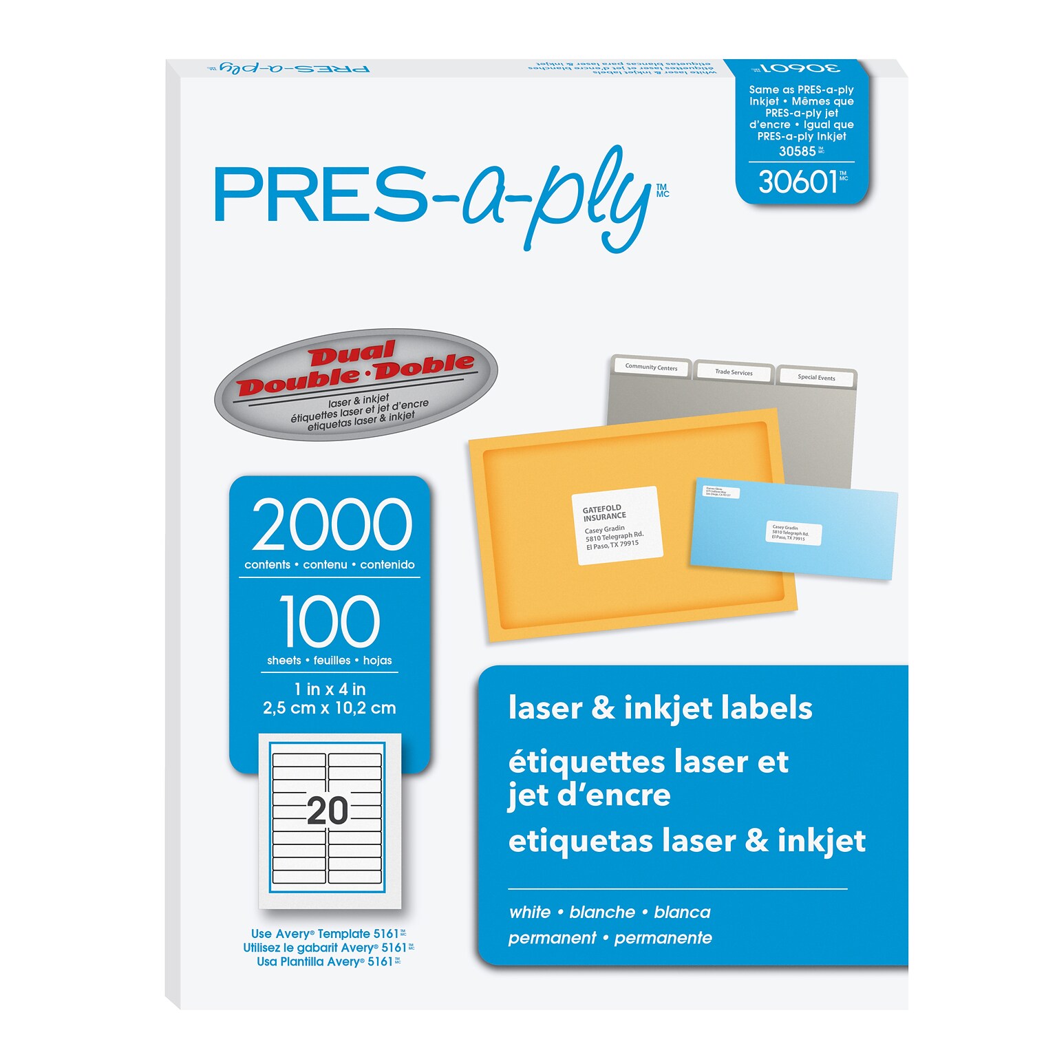 PRES-a-ply Laser/Inkjet Address Labels, 1 x 4, White, 20 Labels/Sheet, 100 Sheets/Box, 2,000 Labels/Box (30601)