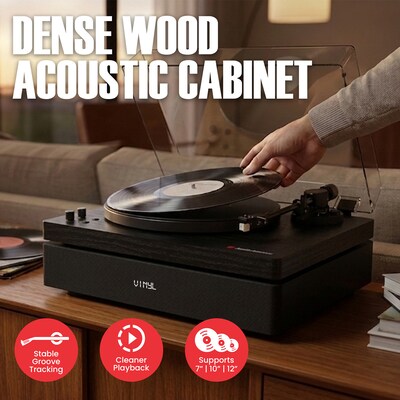 Audiosource AT33 Belt Drive turntable with 2.1 channel 120 watt Bluetooth Speakers, Black Woodgrain (AT3345BW)