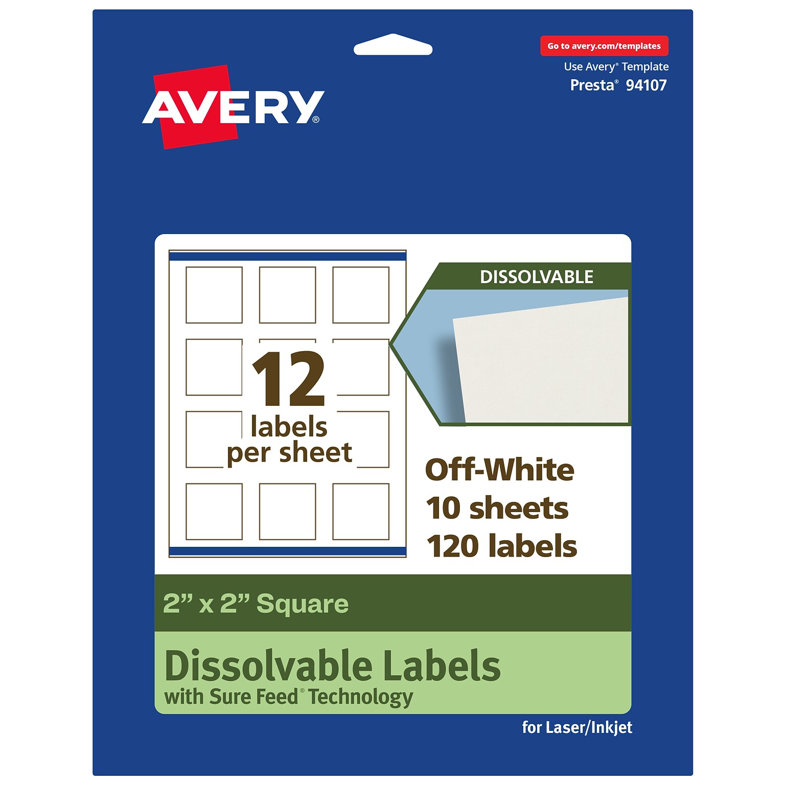 Avery Dissolvable Square Multipurpose Labels, 2 x 2, Off-white, 120/Pack (94107)