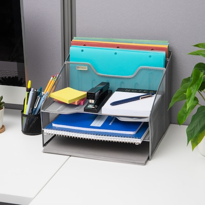 Mind Reader Metal Desktop Organizer Vertical File Holder Paper Letter Tray, Silver (MESHBOX5-SIL)