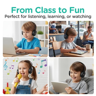 VentureX K22 Stereo Kids Learning Phone & Computer Headphone, 3.5mm & USB-A Adapter, Black, 50/Pack (VHPK22BD2M50)