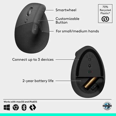 Logitech Lift Wireless Ergonomic Left Handed Optical Mouse, Graphite (910-006467)