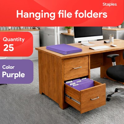 Staples Hanging File Folders, 1/5-Cut Tab, Letter Size, Purple, 25/Box (ST419200-CC)