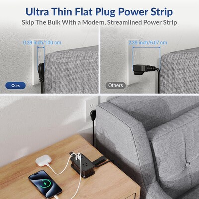 Uncaged Ergonomics 3-Outlet 3-USB Port Power Strip, 3', Black (TC-b)