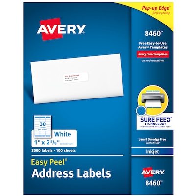 Avery Easy Peel Inkjet Address Labels, 1 x 2-5/8, White, 3,000 Labels/Box (8460)