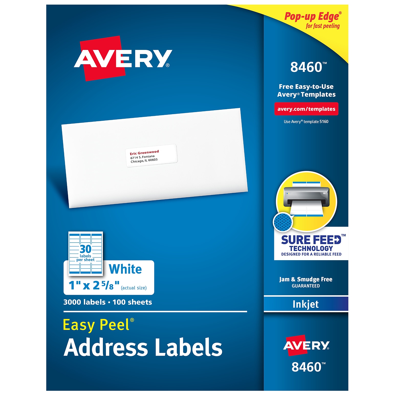 Avery Easy Peel Inkjet Address Labels, 1 x 2-5/8, White, 3,000 Labels/Box (8460)