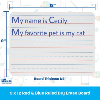 Flipside Products Double Sided Melamine Dry Erase Board, Plain/Red & Blue Ruled, 9" x 12", 4/Pack (FLP100344)
