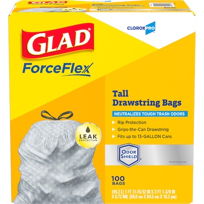 CloroxPro Glad ForceFlex 13 Gallon Tall Kitchen Trash Bag, 23.75" x 24.88", Low Density, .72 mil, Gray, 100/Box (70427)