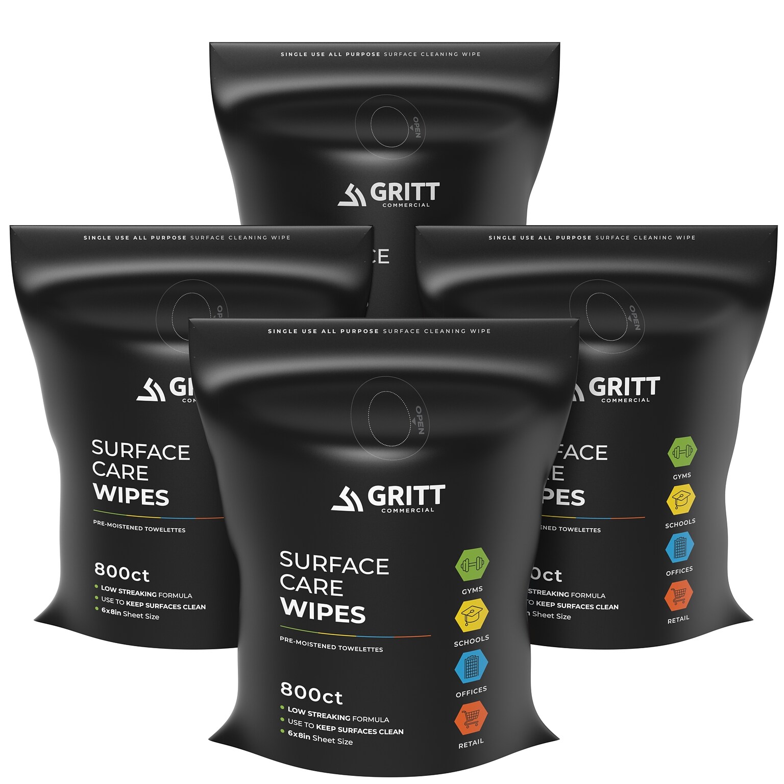 Gritt Commercial Surface Care All-Purpose Cleaning Wipes, 800 Wipes/Bag, 4/Carton (GRI5-RW-4)