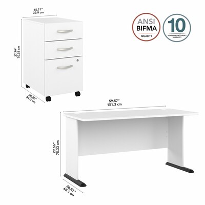 Bush Business Furniture Studio A 60"W Computer Desk with 3 Drawer Mobile File Cabinet, White (STA002WHSU)