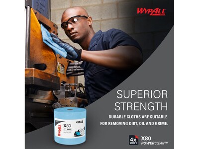 WypAll PowerClean X80 Fiber Cleaning Cloth, 13.4" x 12.4", Blue, 475 Sheets/Roll, 36 Rolls/Pallet (41043)