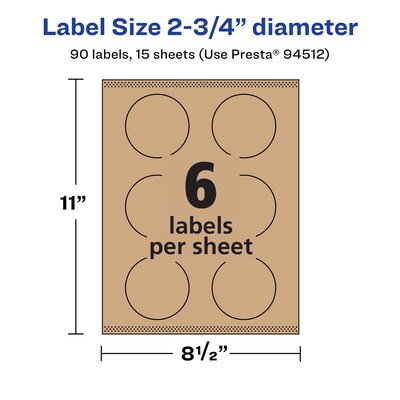 Avery Laser/Inkjet Multipurpose Circle Labels, 2.75" Dia, Kraft Brown, 90/Pack (94512)