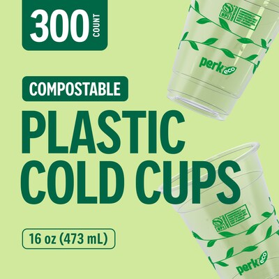 Perk™ Eco Compostable Plastic Cold Cup, 16 Oz., Clear/Green, 300/Carton (PK56197)