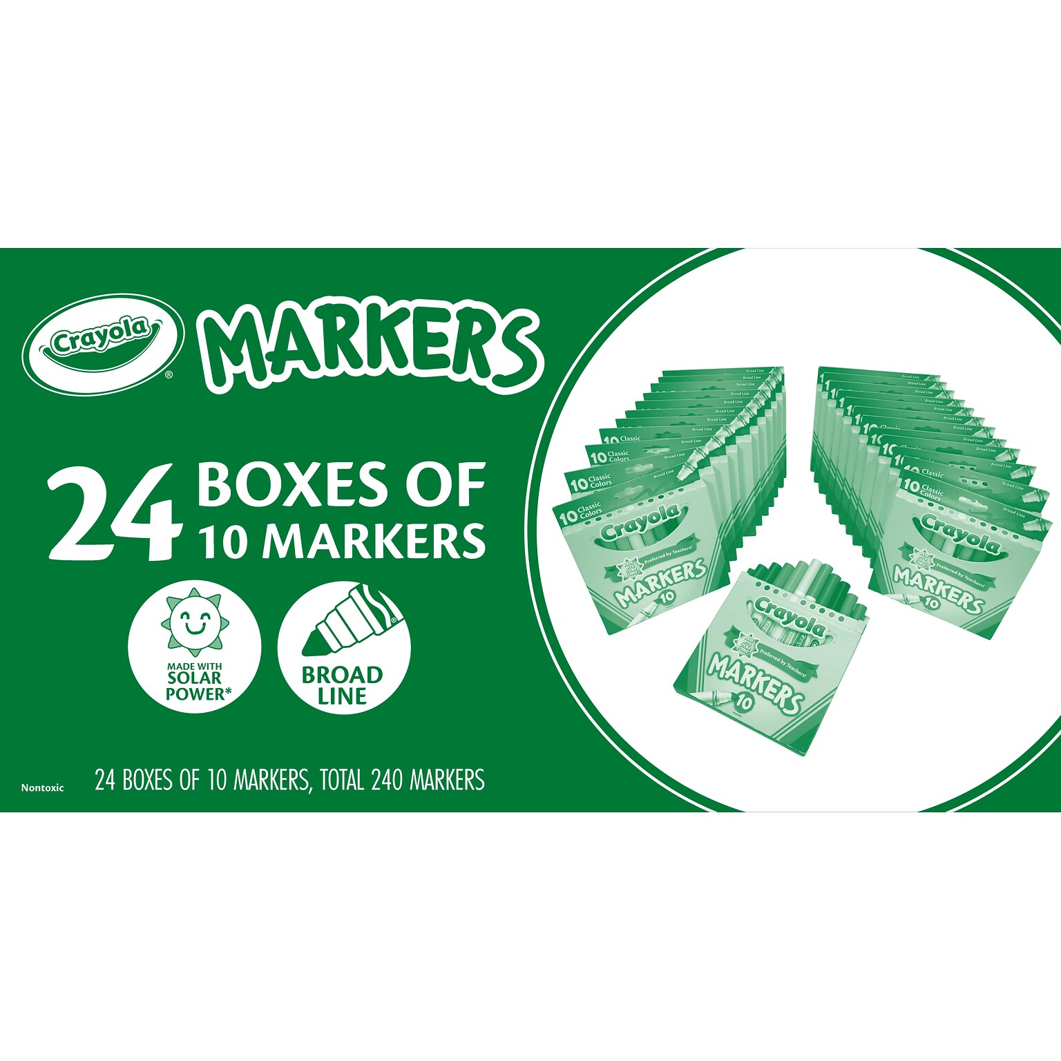 Crayola Water-Based Markers, Broad Line, Assorted Colors, 10 Markers/Box, 24 Boxes/Carton (58-7771)