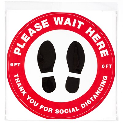 Avery Directional Please Wait Here Adhesive Floor Sign, 10.5 Diameter, White/Red, 5/Pack (83090)