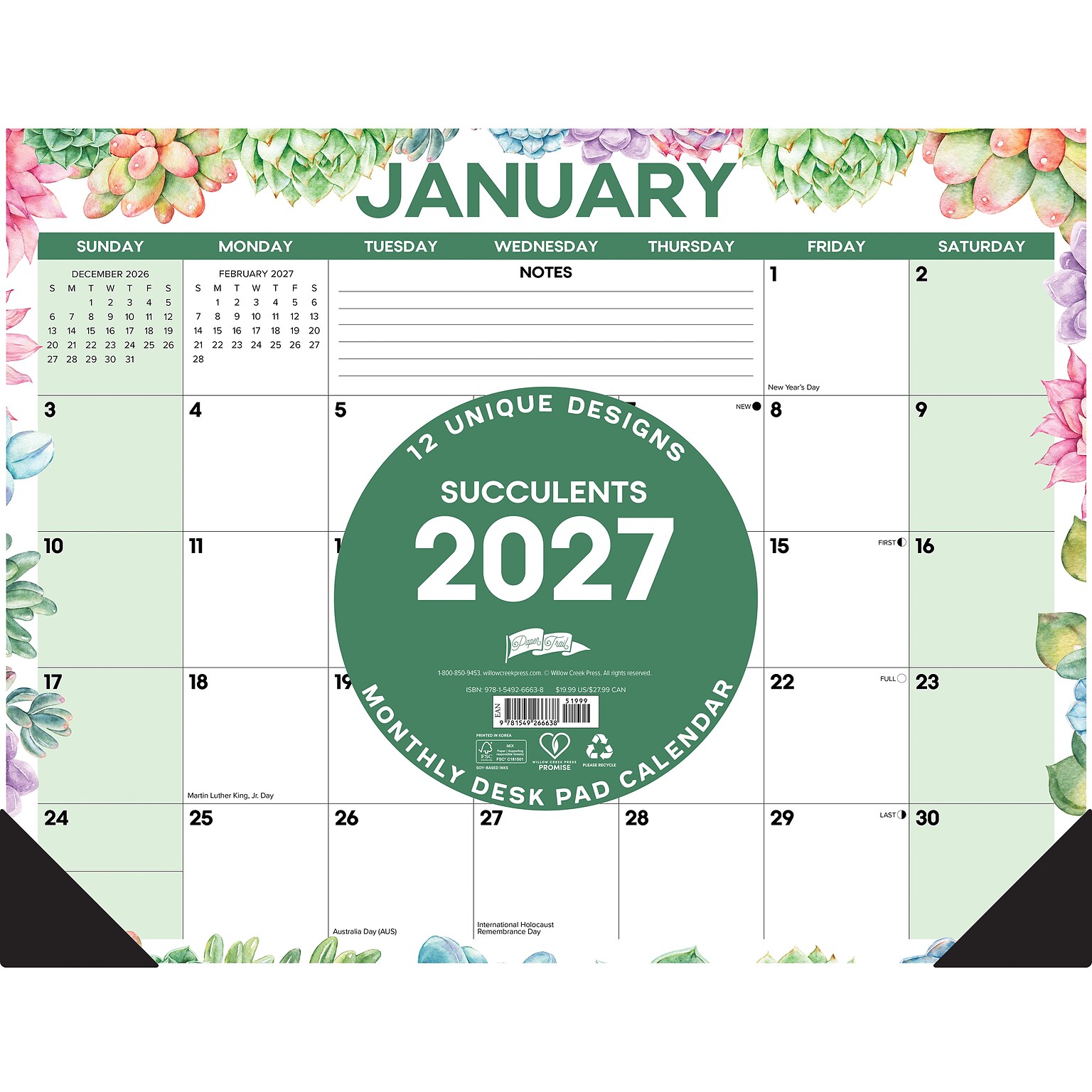 2027 Willow Creek Succulents 22 x 17 Monthly Desk Pad Calendar, Assorted Colors (66638)