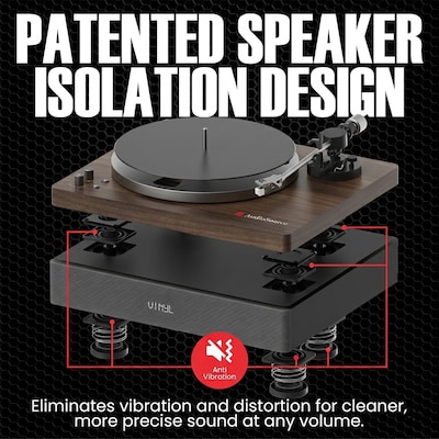 Audiosource AT33 Belt Drive turntable with 2.1 channel 120 watt Bluetooth Speakers, Walnut Woodgrain (AT3345WW)