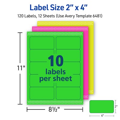 Avery Sure Feed Laser/Inkjet ID Labels, 2 x 4, Assorted Neon, 120 Labels/Pack (6481)