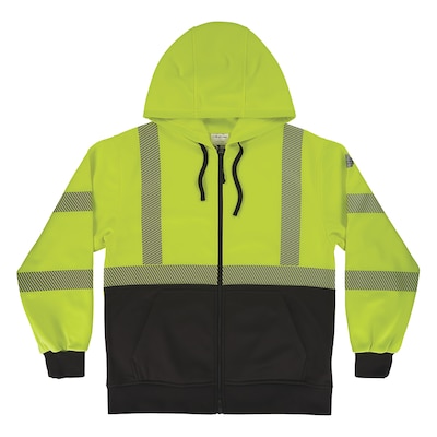 GloWear 8318BK High Visibility Long Sleeve Black Bottom Hooded Zip-Up Sweatshirt, ANSI Type R Class 3, Lime, Medium (23063)