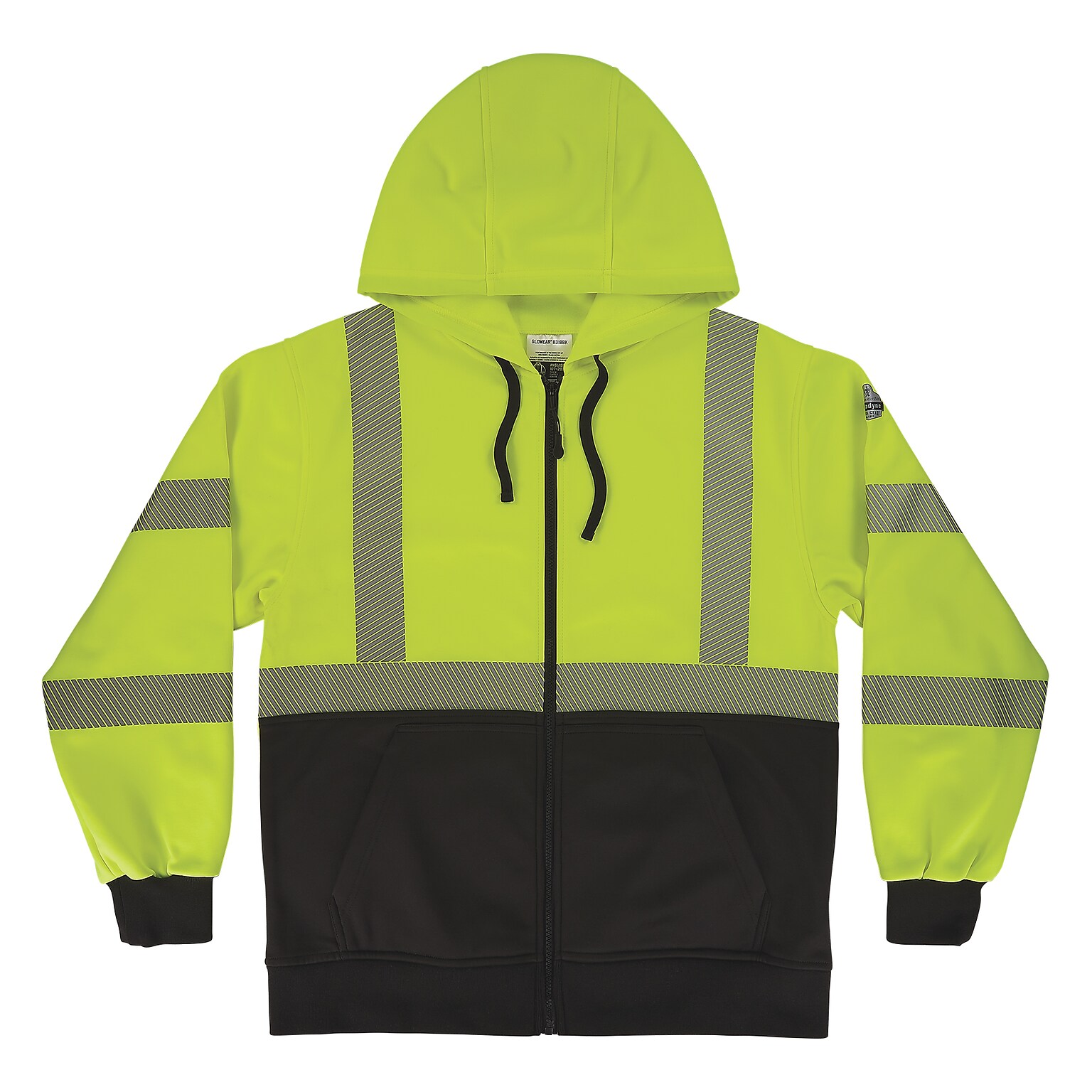 GloWear 8318BK High Visibility Long Sleeve Black Bottom Hooded Zip-Up Sweatshirt, ANSI Type R Class 3, Lime, 4XL (23068)