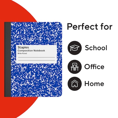 STAPLES Composition Notebook, 7.5” x 9.75”, Wide Ruled, 100 Sheets, Assorted Colors, 4-Pack