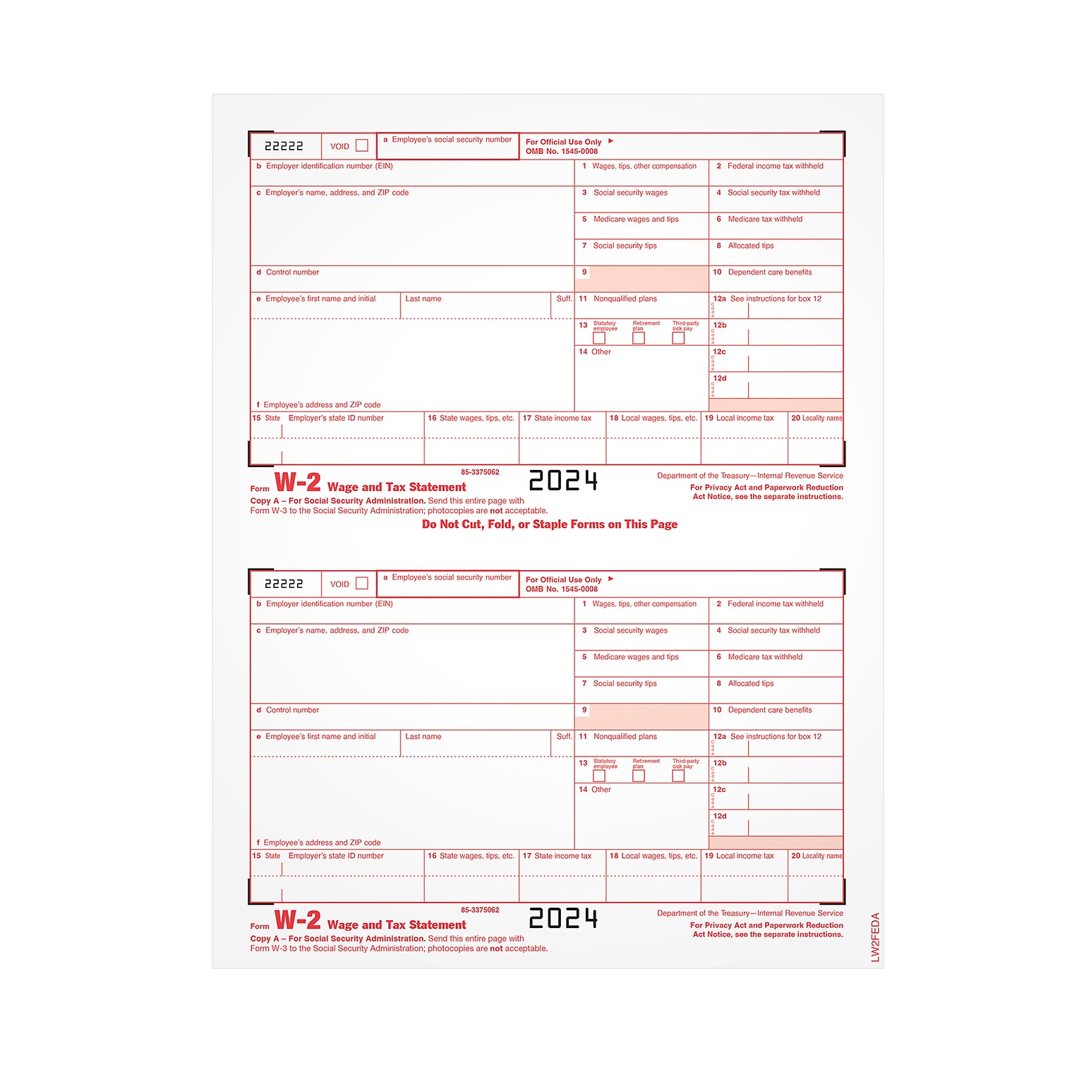 Adams 2024 W-2 1-Part Copy A Laser/Inkject Tax Forms, 100/pack (LW2FEDAW3)
