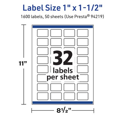 Avery TrueBlock Laser/Inkjet Rectangle Multipurpose Labels, 1" x 1.5", White, 1600/Box (94219)