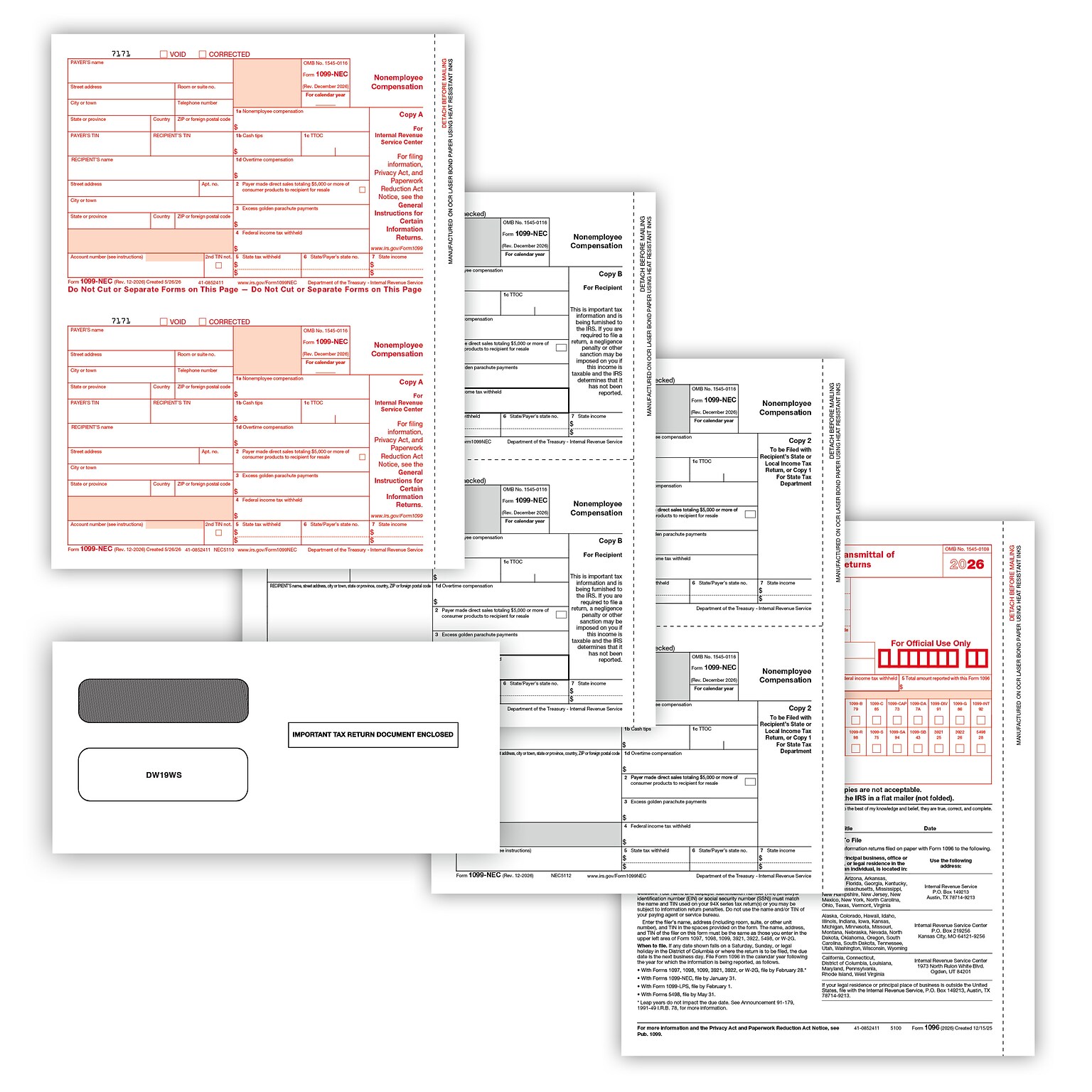 ComplyRight 2026 1099-NEC Tax Form 50 self-seal envelopes, 4-Part, 3-Up, Copy A, B, C/2, 1096 Transmittal, 50/Pack (NEC6103E)