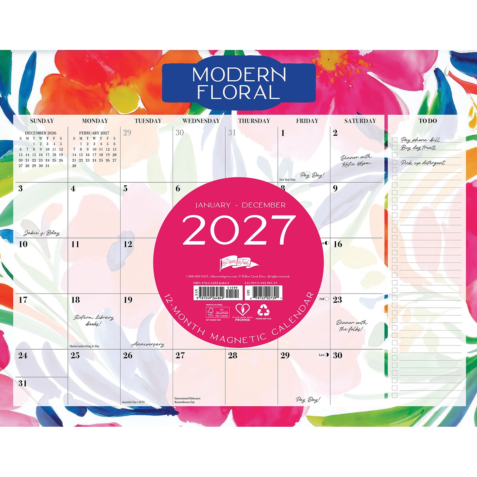 2027 Willow Creek Modern Floral 14.25 x 11.25 Monthly Desk or Wall Calendar, Assorted Colors (64849)