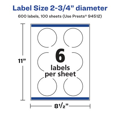 Avery Laser/Inkjet Circle Multipurpose Labels, 2.75"  Dia, Glossy White, 600/Box (94512)
