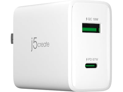 j5create 67W GaN USB-C 2-Port Charger for Laptops, Tablets and Mobile Devices, White (JUP2367)