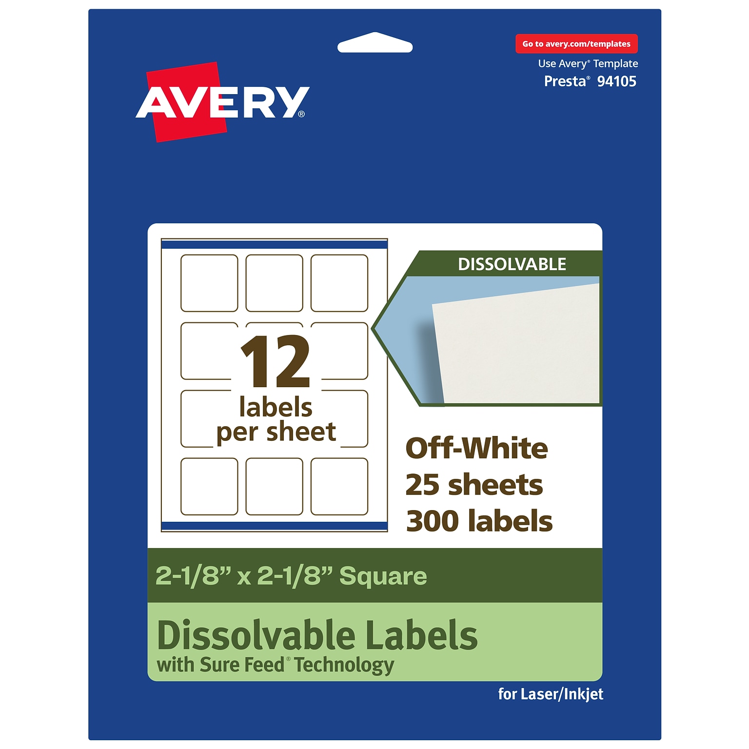Avery Dissolvable Square Multipurpose Labels, 2-1/8 x 2-1/8, Off-white, 300/Pack (94105)