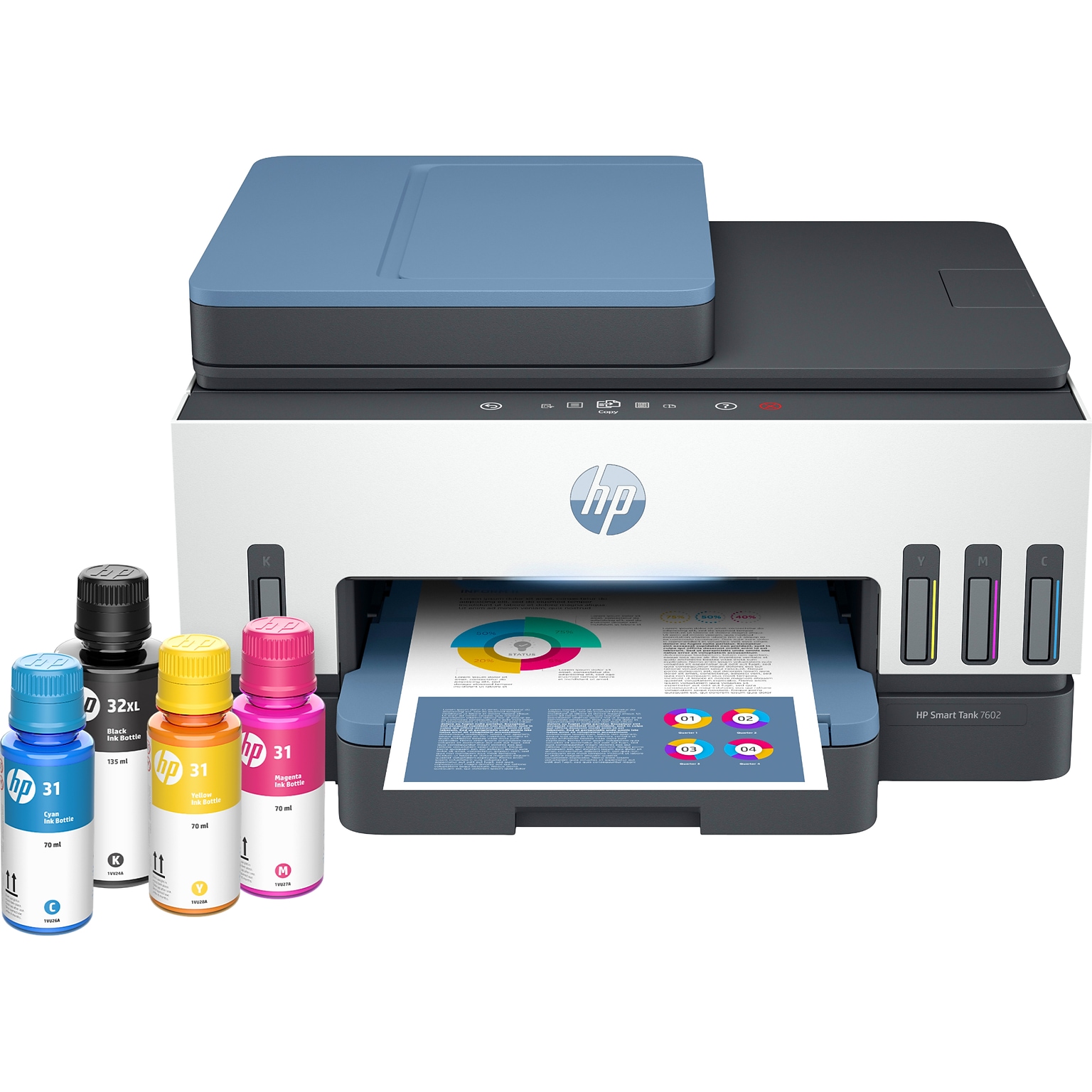 HP Smart Tank 7602 Wireless Color Inkjet Printer, All-In-One Supertank, Print, Scan, Copy, Fax (28B98A#B1H)
