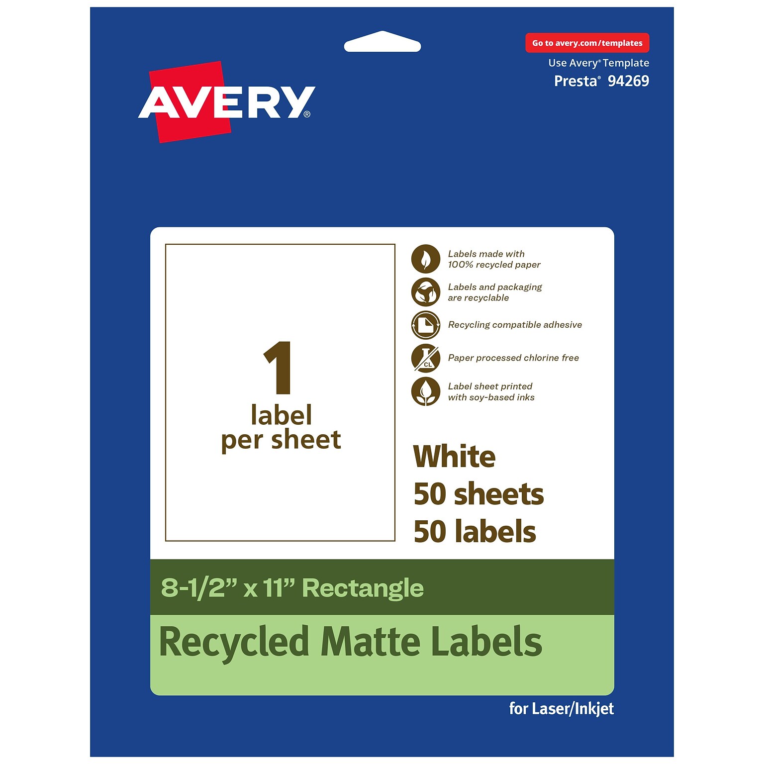 Avery EcoFriendly Laser/Inkjet Rectangle Multipurpose Labels, 8-1/2 x 11, White, 50/Box (94269)