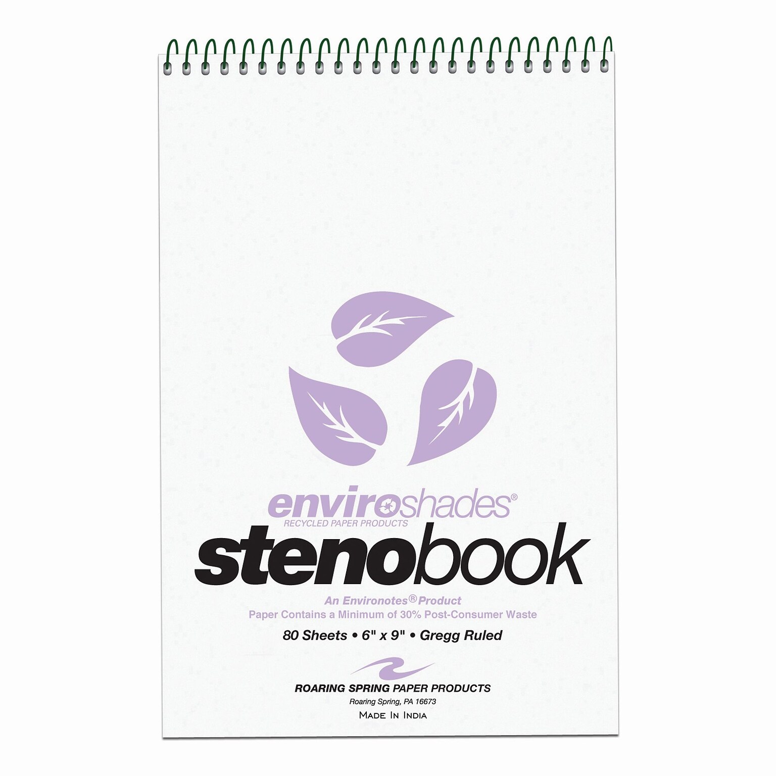 Roaring Spring Paper Products Enviroshades Steno Pad, 6 x 9, Gregg Ruled, Orchid, 80 Sheets/Pad, 4 Pads/Pack (ROA12264)