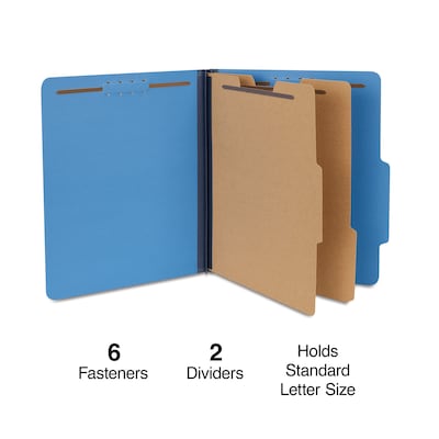 Quill Brand® 2/5-Cut Tab Pressboard Classification File Folders, 2-Partitions, 6-Fasteners, Letter, Blue, 15/Box (738026)