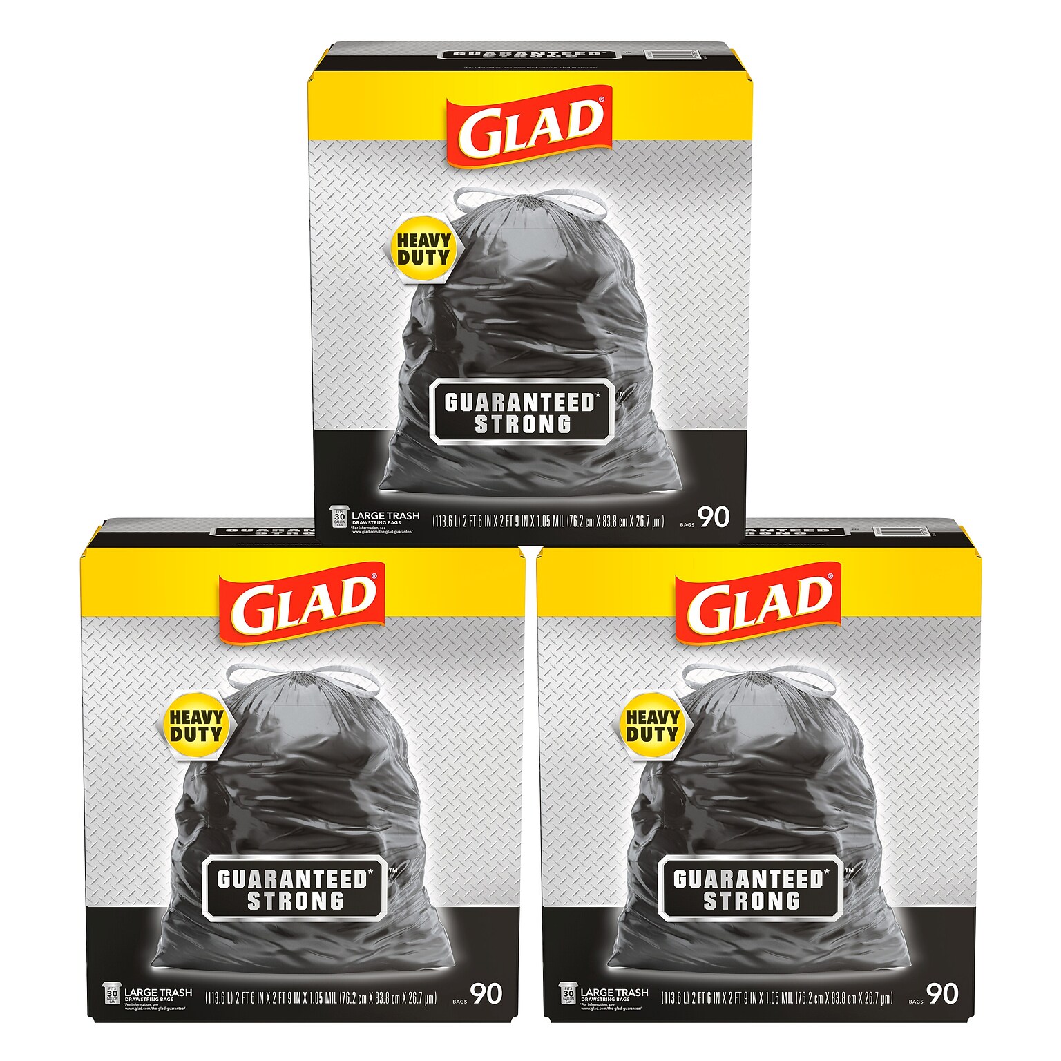 Glad 30 Gallon Large Drawstring Trash Bags, 90/Box, 3 Pack